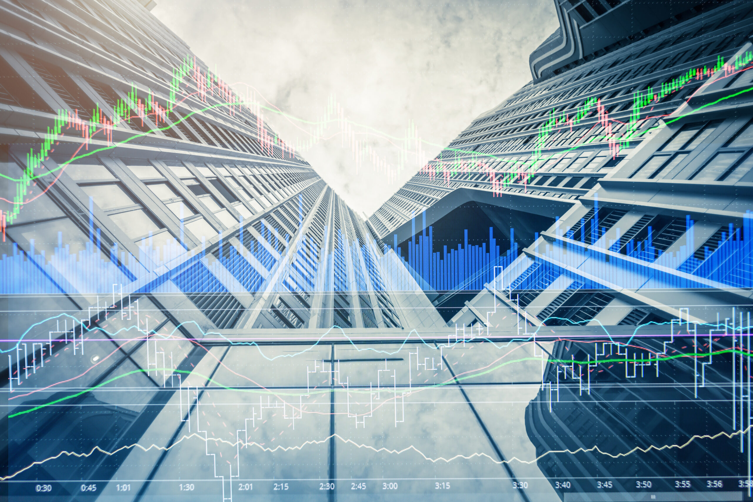 double exposure with modern building and financial market stock chart business ideas concept