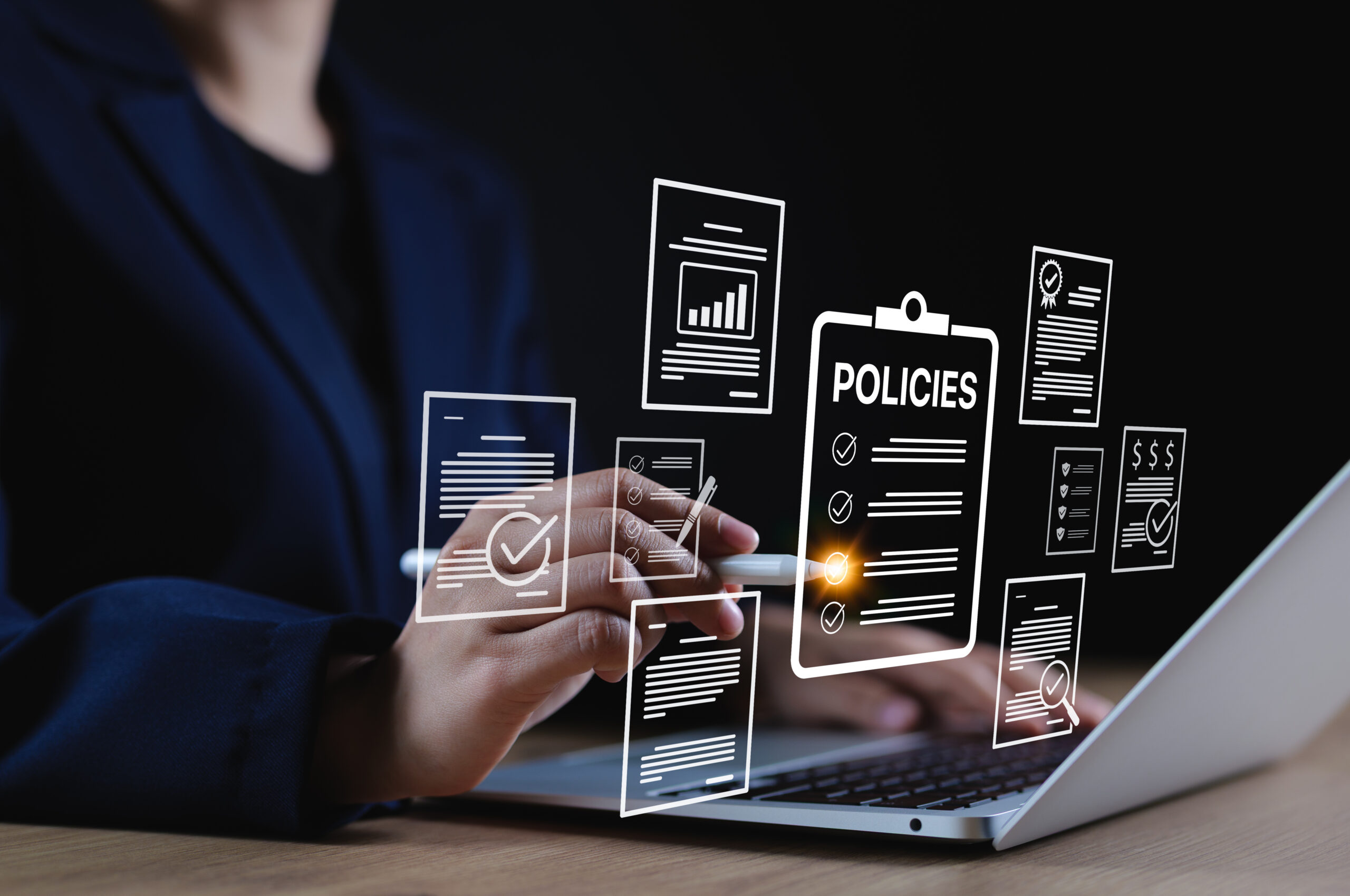 Policy documentation and compliance concept. Businesswoman reviews digital document Policies with icons, checklists, certifications, and financial detail. policy management, regulatory compliance,